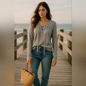 NWT Umgee USA Plus 2XL Gray Rib Knit Lace-Up Top Boho Coastal Minimalist Cozy